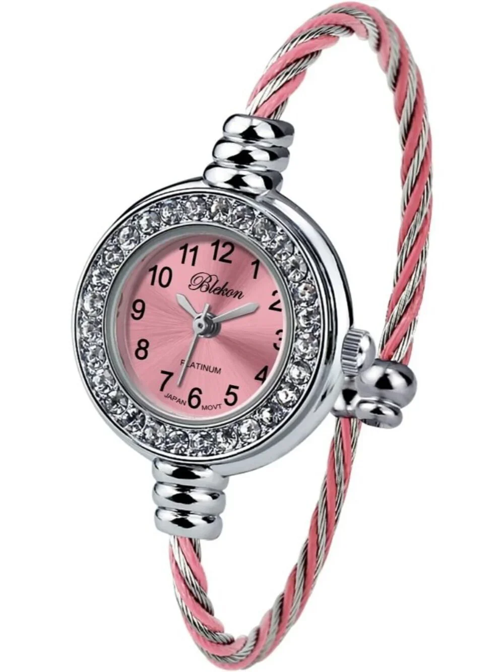 Women Silver And Pink Analog Cable Cuff Arabic Numbers Rhinestone Bracelet Watch